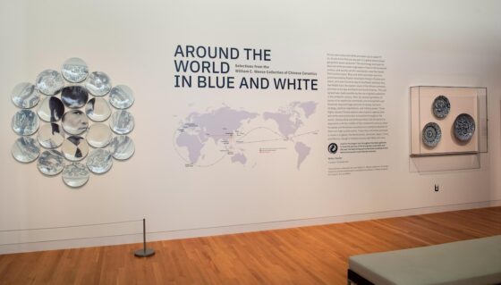 Blue and white ceramics displayed as part of the UMMA Exhibitions "Around the World in Blue & White"