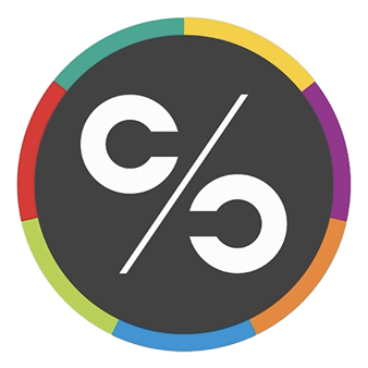 Logo for 'Curriculum / Collection' exhibitions at UMMA which shows a dark grey inner circle with typing in white that reads 'C/C' and an outer rainbow of colors around the circle.
