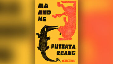 a yellow book cover that reads "Ma and Me" written by Putsata Reang. The cover is stylized like a block print, showing a red lion and a black alligator