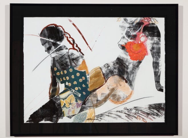 Emma Amos (1937 - 2020), 2/4 Time, 1984, mixed media, 37 x 47 in. Spelman College Museum of Fine Art. Spelman College Purchase.