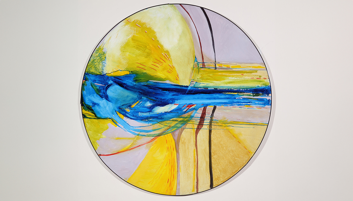 Image of artwork, 'Betty Blayton (1937 - 2016), Vibes Penetrated, 1983, acrylic on canvas, diameter: 60 3/4 in. Spelman College Museum of Fine Art. Spelman College Purchase. © Estate of Betty Blayton' installed on a white wall.