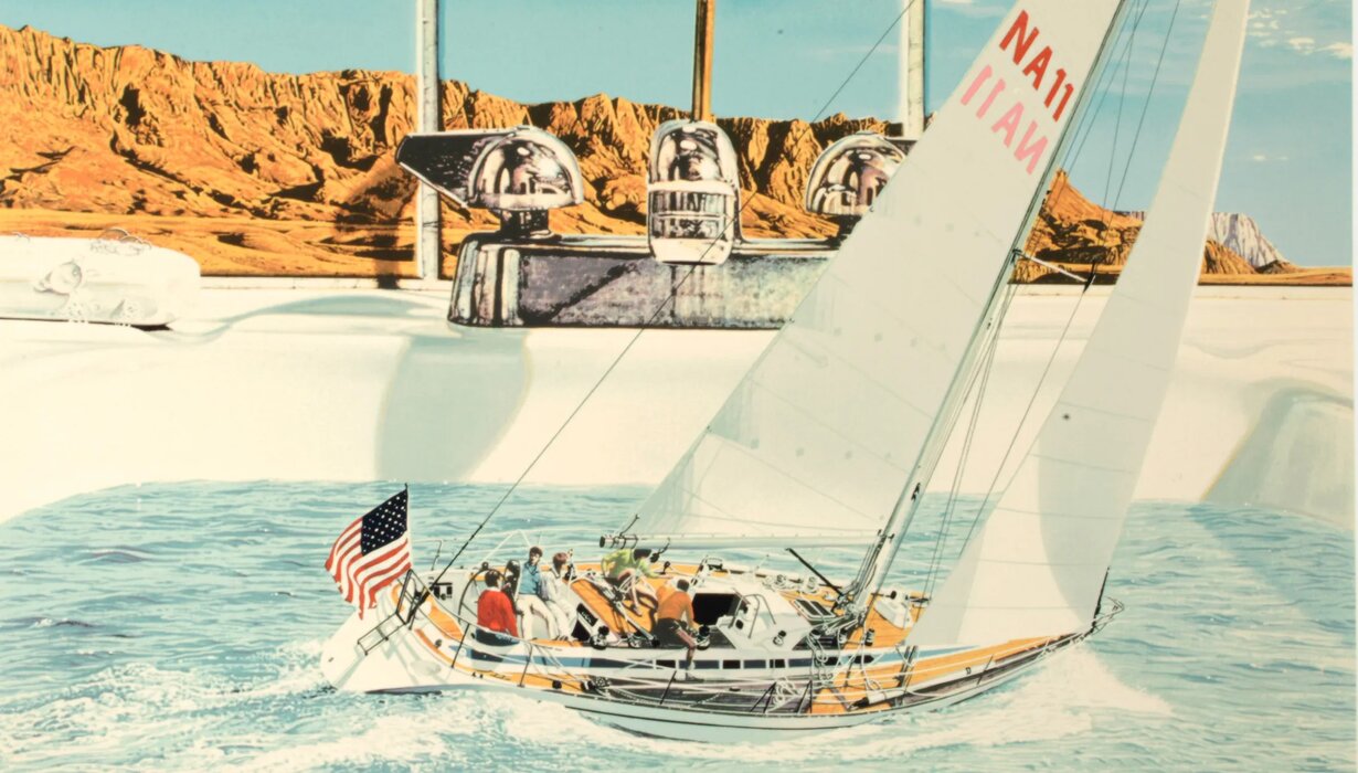 Image of the screenprint on paper, 'American Dream' by Doug Webb. A hyper-realistic image of a sailboat with a full crew in a sink filled with water. The sail boat has an american flag on the back. In the background, behind the sink, is a formation of desert cliffs.