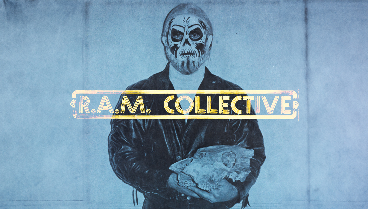 La Raza Arts & Media Collective print image with blue overlay and a person in black with white and black mask holding a skull. Words layered on top say, 'R.A.M COLLECTIVE'