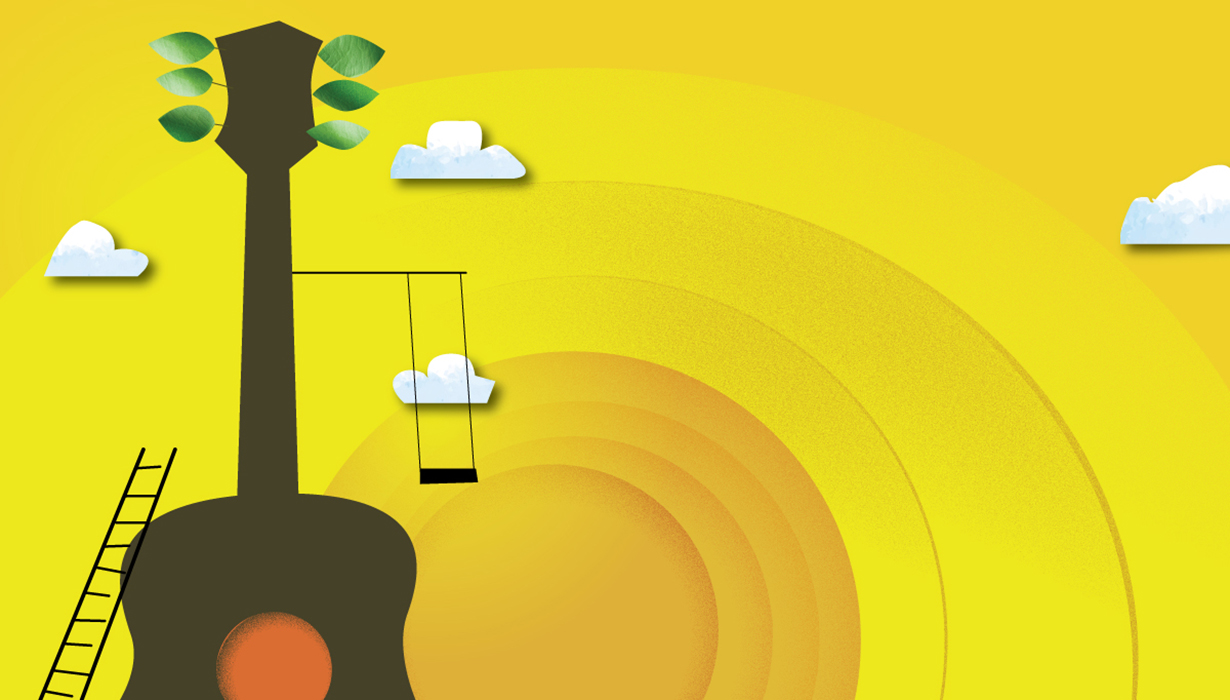 an illustration of a brown guitar against a yellow background. The guitar is sprouting from the earth like a tree - it has a ladder placed on it and a swing coming from the guitar's neck.