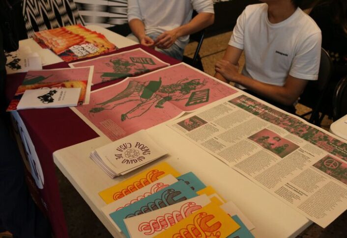 Zines placed on display tables