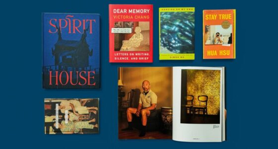 Flat lay photo of six books selected by artist Jarod Lew. Titles include Spirit House, Dear Memory by Victoria Chang, Dancing on My Own by Simon Wu, Stay True by Hua Hsu, Night Sky with Exit Wounds by Ocean Vuong, and an Aperture magazine spread of Jarod's work.
