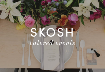 SKOSH Catered Events text on top of a photo with place setting and flowers.