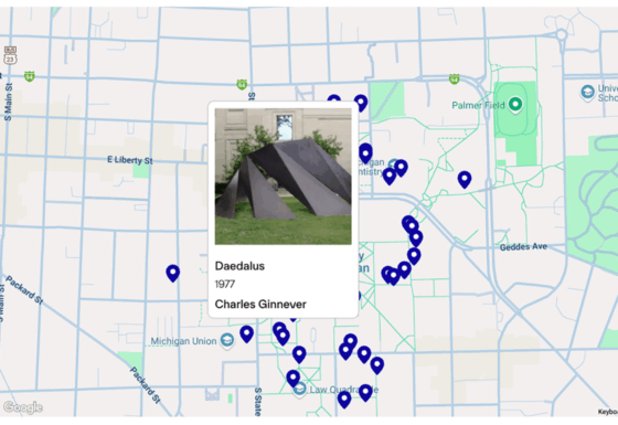 an image of a street map with various blue markers scattered throughout. one marker has a pop-up window showing a metal sculpture