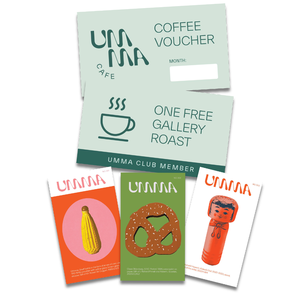 Coffee voucher in teals and three UMMA sticker examples of artwork from the collection featured on front of sticker.