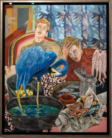 An oil painting of two young men lounging in a cluttered room. A blue flamingo is perched in a bowl of water in the foreground.