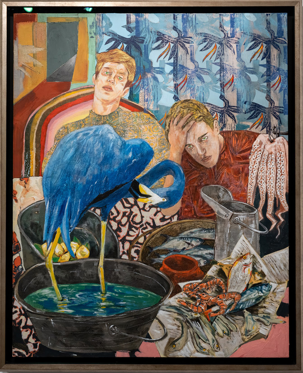 An oil painting of two young men lounging in a cluttered room. A blue flamingo is perched in a bowl of water in the foreground.