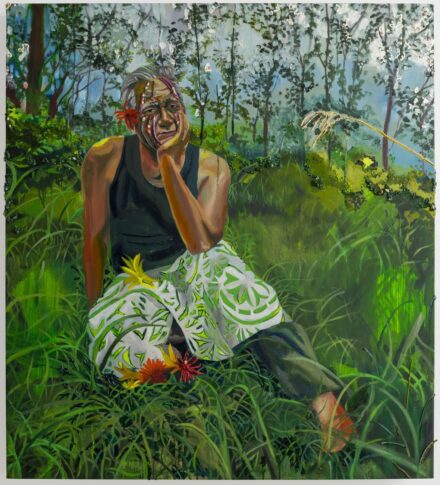 An oil painting of older man sitting in a green field. He wears a black tank top and green wrap around his waist