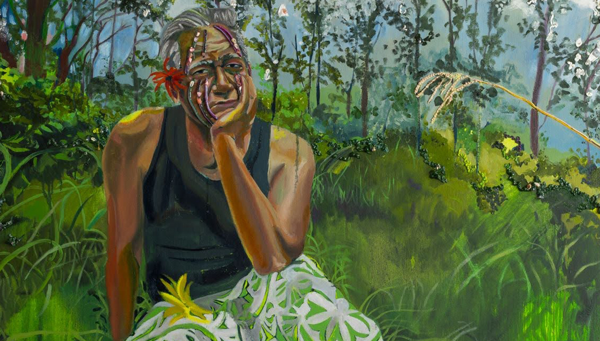 An oil painting of older man sitting in a green field. He wears a black tank top and green wrap around his waist