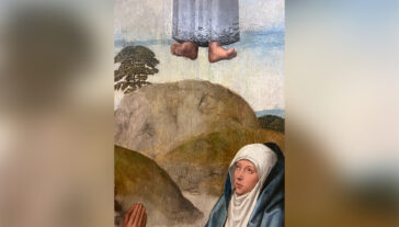 painting snippet of figure in the right hand corner hands praying in left corner and feet floating at the top middle.