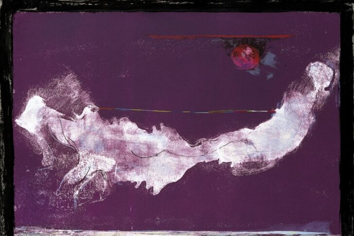 An irregular white shape curves across a plum-colored rectangular field that is bordered by black; a thin, multi-colored line stretches from one end of the shape to the other. Above it floats a rosy circle and below it a ground of white with hints of light blue, purple, and green.