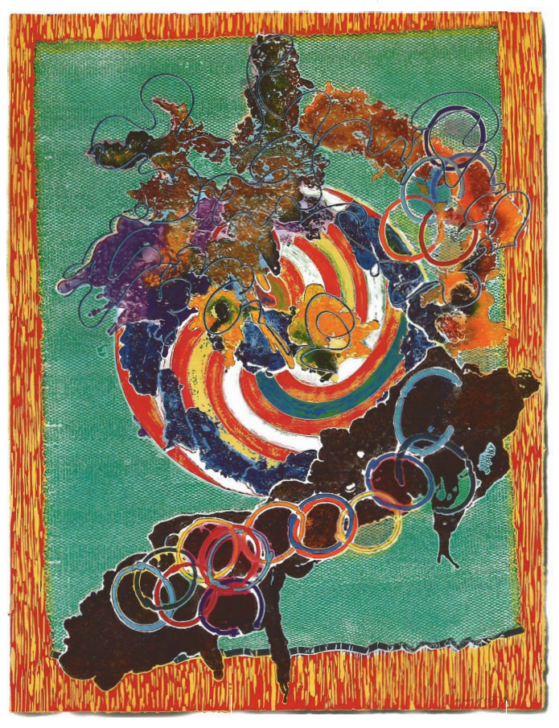 An abstract composition of multicolored overlapping rings over black geological-looking shapes. In the background, a red, yellow, blue, and white pinwheel pattern fills a circle in the center of a field of turquoise and a border of red and yellow.
