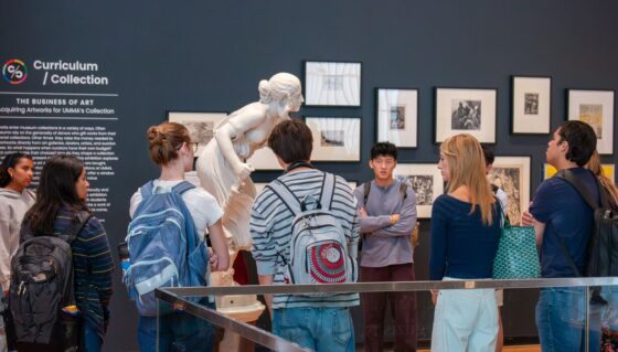 Visitors viewing artwork at an exhibition in a gallery. The tour guide is talking with them. They are surrounded by works of art.