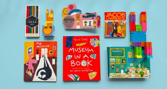 A flat lay arrangement of colorful, art-themed children’s books, toys, and supplies on a light blue background. Items include a set of colored pencils, wooden block toys in bright colors, and books titled My Museum, Museum in a Book, and Jacob Lawrence: In the City, along with a “Magnetic Play Scene: My Museum” activity set.