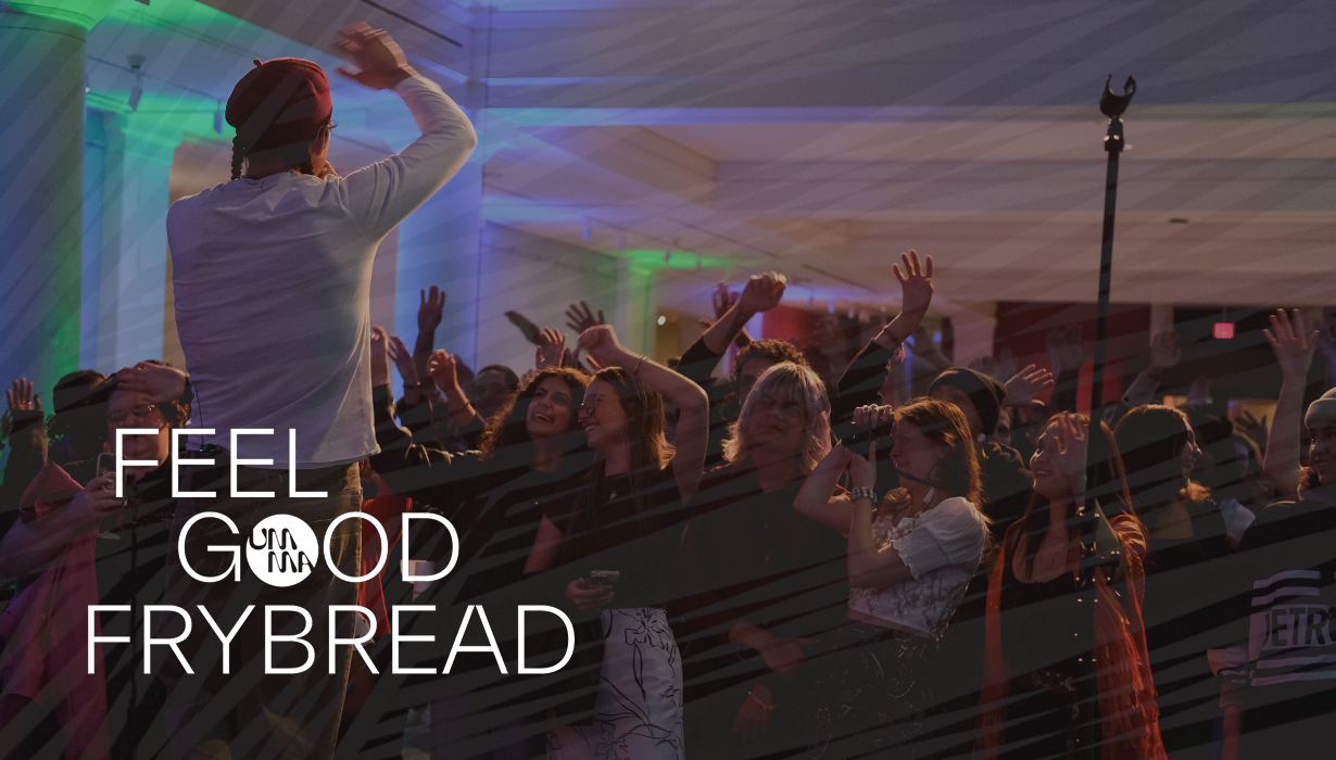 Inside the Apse of UMMA, a crowd watches Mato Wayuhi's performance at the "Feel Good Friday: Feel Good Frybread" event at UMMA on November 15, 2024.