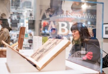 A person looks into a vitrine at an art museum