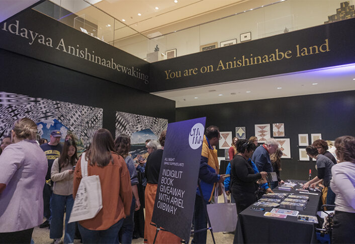 The "Feel Good Friday: Feel Good Frybread" event took place at UMMA on November 14, 2025. The night featured an artist panel on Indigenous Futurism with Andrea Carlson, Frank Waln, and Debra Yepa-Pappan; a musical performance by Frank Waln; frybread prepared by Eva and Robin Menefee of Anishnabe Meejim; book giveaways; and hands-on artmaking with Heron Hill Designs.