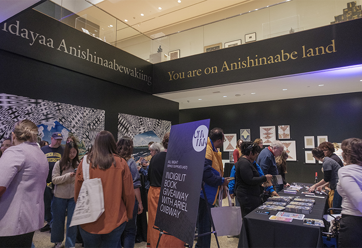 The "Feel Good Friday: Feel Good Frybread" event took place at UMMA on November 14, 2025. The night featured an artist panel on Indigenous Futurism with Andrea Carlson, Frank Waln, and Debra Yepa-Pappan; a musical performance by Frank Waln; frybread prepared by Eva and Robin Menefee of Anishnabe Meejim; book giveaways; and hands-on artmaking with Heron Hill Designs.