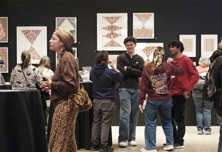 The "Feel Good Friday: Feel Good Frybread" event took place at UMMA on November 14, 2025. The night featured an artist panel on Indigenous Futurism with Andrea Carlson, Frank Waln, and Debra Yepa-Pappan; a musical performance by Frank Waln; frybread prepared by Eva and Robin Menefee of Anishnabe Meejim; book giveaways; and hands-on artmaking with Heron Hill Designs.