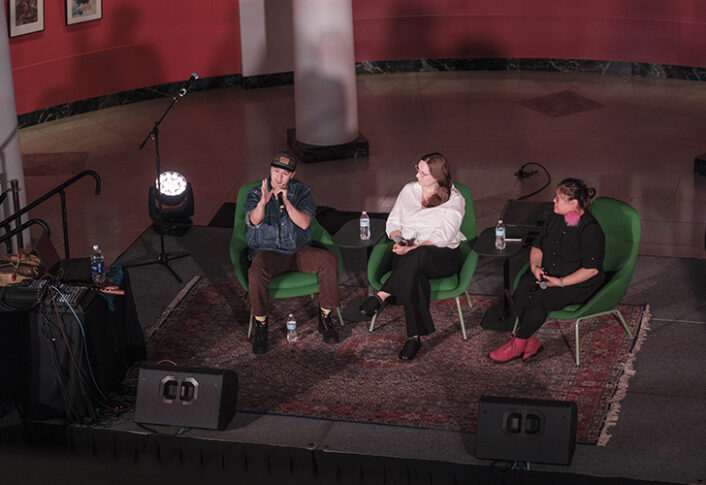 The "Feel Good Friday: Feel Good Frybread" event took place at UMMA on November 14, 2025. The night featured an artist panel on Indigenous Futurism with Andrea Carlson, Frank Waln, and Debra Yepa-Pappan; a musical performance by Frank Waln; frybread prepared by Eva and Robin Menefee of Anishnabe Meejim; book giveaways; and hands-on artmaking with Heron Hill Designs.