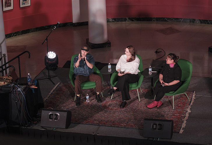 The "Feel Good Friday: Feel Good Frybread" event took place at UMMA on November 14, 2025. The night featured an artist panel on Indigenous Futurism with Andrea Carlson, Frank Waln, and Debra Yepa-Pappan; a musical performance by Frank Waln; frybread prepared by Eva and Robin Menefee of Anishnabe Meejim; book giveaways; and hands-on artmaking with Heron Hill Designs.