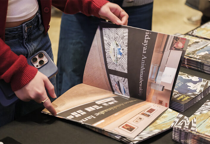 The "Feel Good Friday: Feel Good Frybread" event took place at UMMA on November 14, 2025. The night featured an artist panel on Indigenous Futurism with Andrea Carlson, Frank Waln, and Debra Yepa-Pappan; a musical performance by Frank Waln; frybread prepared by Eva and Robin Menefee of Anishnabe Meejim; book giveaways; and hands-on artmaking with Heron Hill Designs.