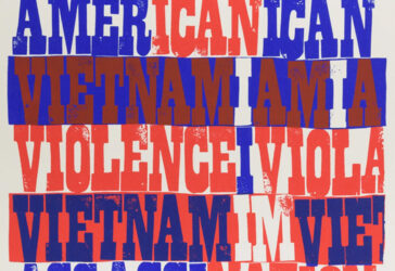 Blue and red text on a red, white and blue striped background. The text is not legible.