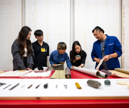 UMMA Asian Art Conservator, Qian He, leads a Conservation Lab presentation for participants of the 'Materials and Methods in Chinese Calligraphy' workshop on June 11, 2025.