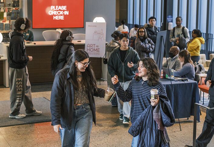 Students check in for Match Day for the "Art at Home" exhibition at UMMA, selecting original artworks from the gallery to take home for the winter semester as part of the Bridge Scholars Plus program.