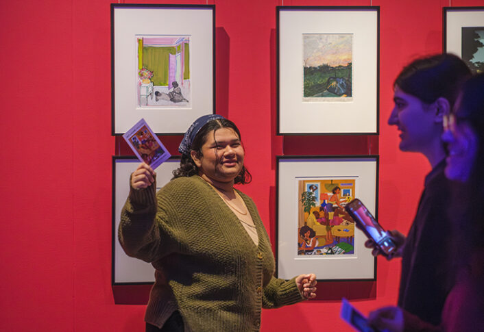 Students participate in Match Day for the "Art at Home" exhibition at UMMA, selecting original artworks from the gallery to take home for the winter semester as part of the Bridge Scholars Plus program.