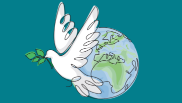 Blue background with an illustration of the world and a dove holding a branch.