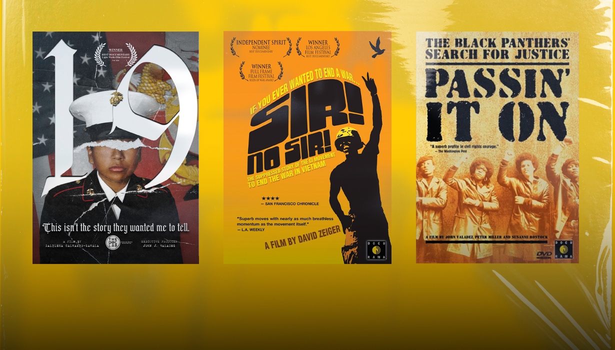Three film posters on a yellow background. one reads "19", the second is called "Sir! No Sir!" and the third is called "Passin' It On"