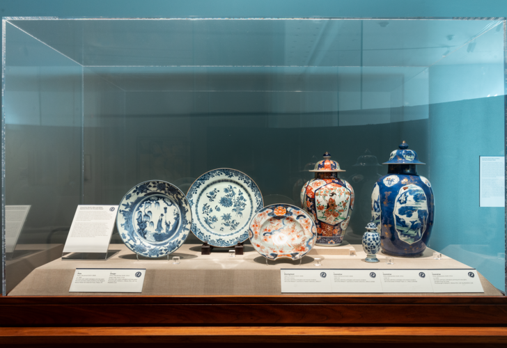 Blue and white ceramics displayed as part of the UMMA Exhibitions "Around the World in Blue & White"