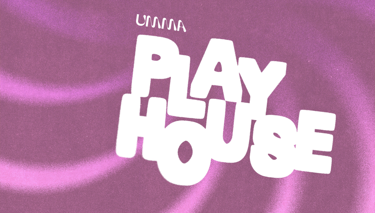 The words UMMA Playhouse on psychedelic spiral background