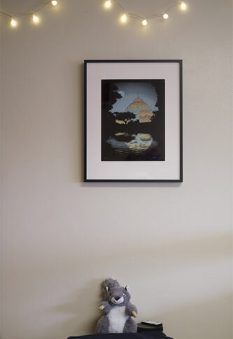 Original artworks from the Art at Home program displayed on the walls of student dorm rooms.