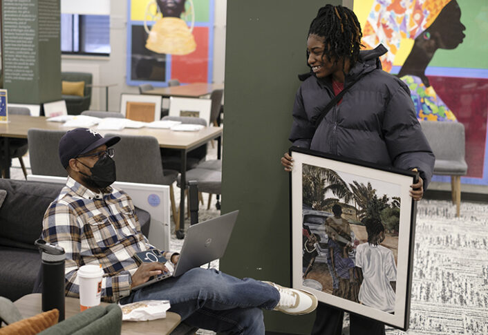 On Saturday, January 24, 2026, students picked up original artworks during Distribution Day for "Art at Home", U-M’s art lending collection, held at South Quad’s Ambatana Lounge. Students who selected works on Match Day collected their pieces to display in their dorm rooms for the winter semester.