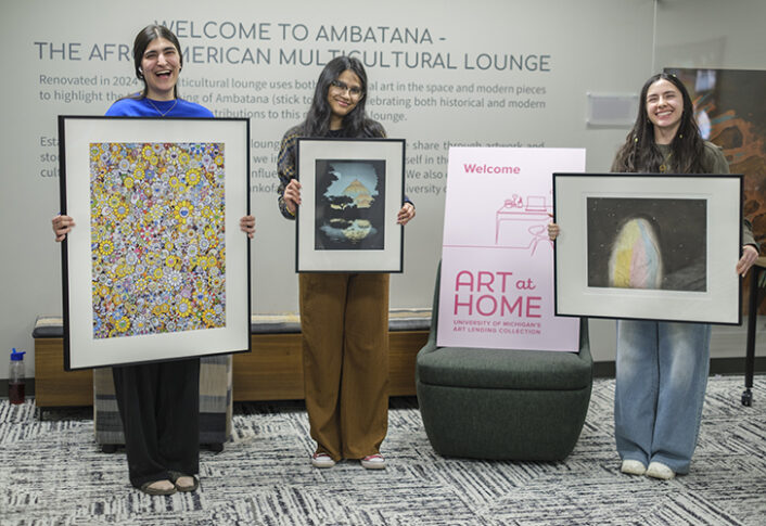On Saturday, January 24, 2026, students picked up original artworks during Distribution Day for "Art at Home", U-M’s art lending collection, held at South Quad’s Ambatana Lounge. Students who selected works on Match Day collected their pieces to display in their dorm rooms for the winter semester.