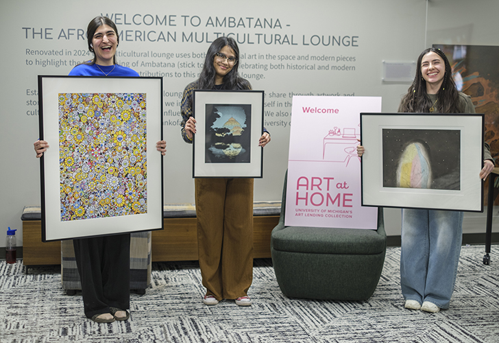On Saturday, January 24, 2026, students picked up original artworks during Distribution Day for "Art at Home", U-M’s art lending collection, held at South Quad’s Ambatana Lounge. Students who selected works on Match Day collected their pieces to display in their dorm rooms for the winter semester.