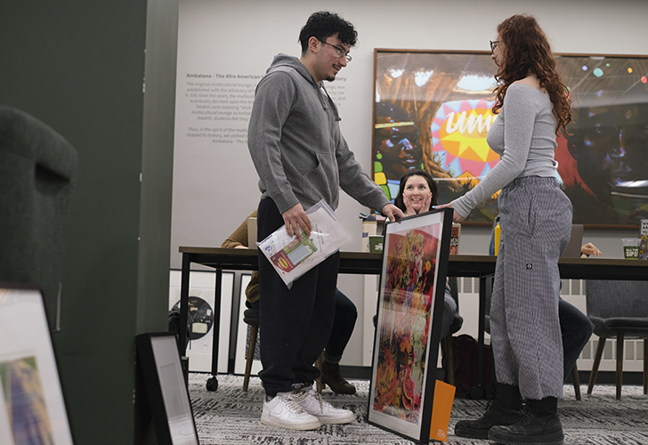 On Saturday, January 24, 2026, students picked up original artworks during Distribution Day for "Art at Home", U-M’s art lending collection, held at South Quad’s Ambatana Lounge. Students who selected works on Match Day collected their pieces to display in their dorm rooms for the winter semester.