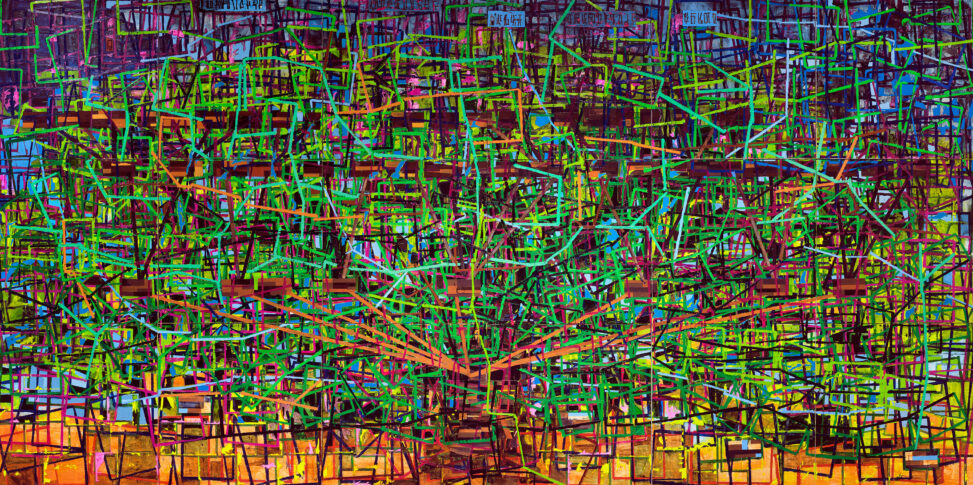 Colorful network lines jut across the canvas