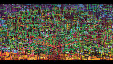 Colorful network lines jut across the canvas