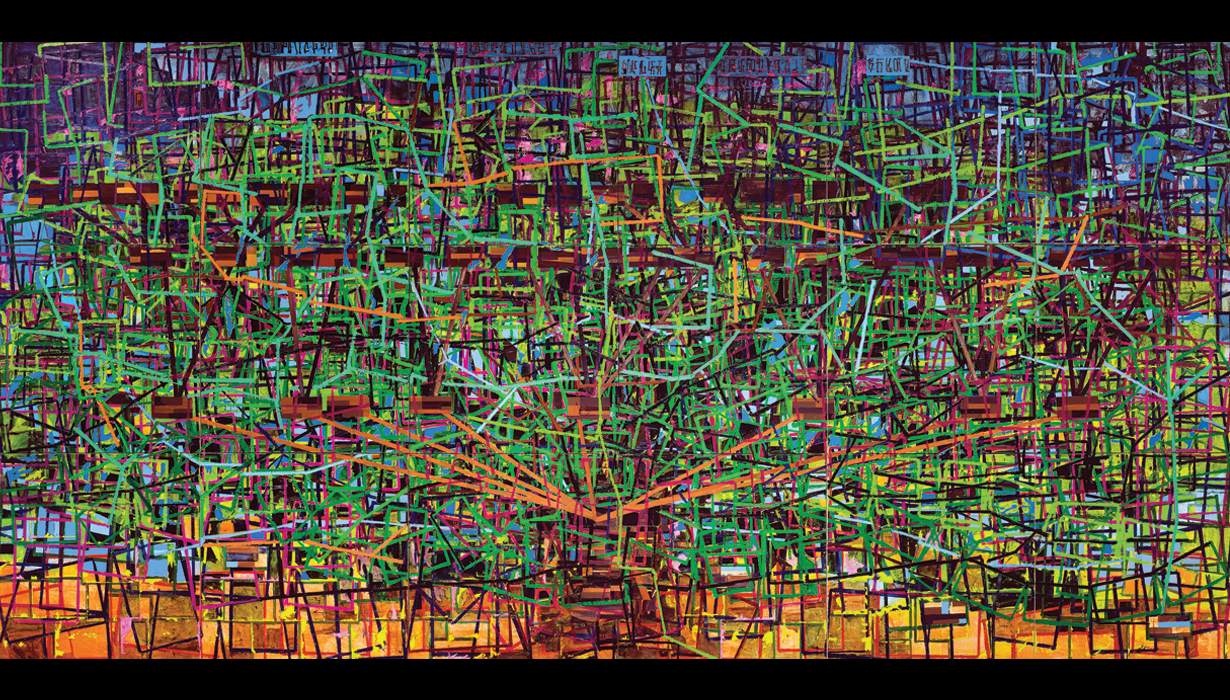Colorful network lines jut across the canvas