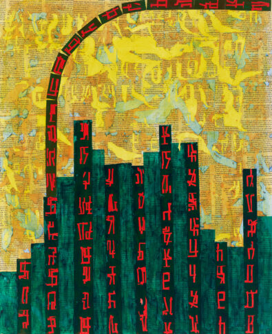 A collage made with paper shows a bar chart with alternating green and darker green bars. The darker green bars have symbols on them and one dark green bar explodes higher than the rest and curves around the top edge of the canvas.