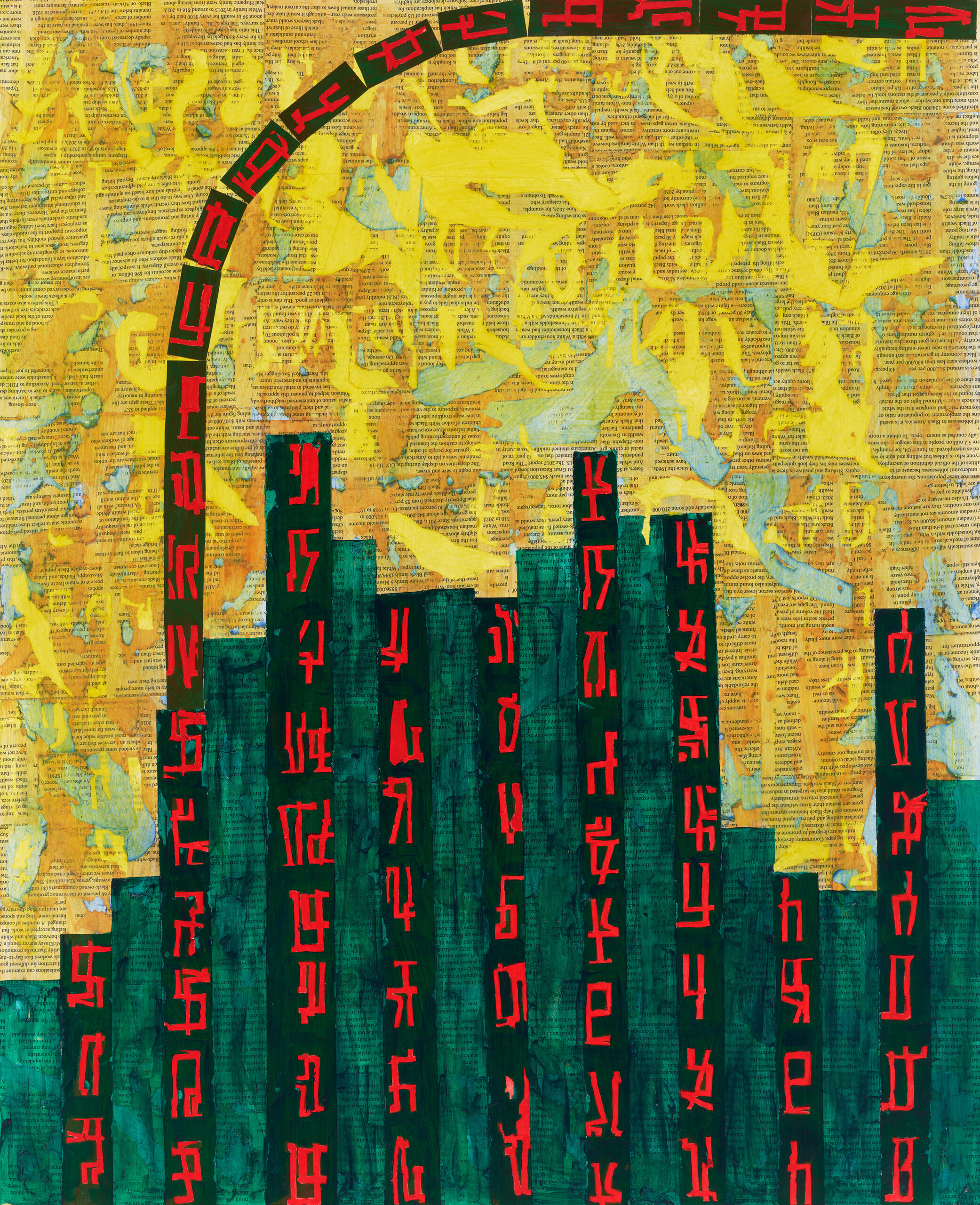 A collage made with paper shows a bar chart with alternating green and darker green bars. The darker green bars have symbols on them and one dark green bar explodes higher than the rest and curves around the top edge of the canvas.
