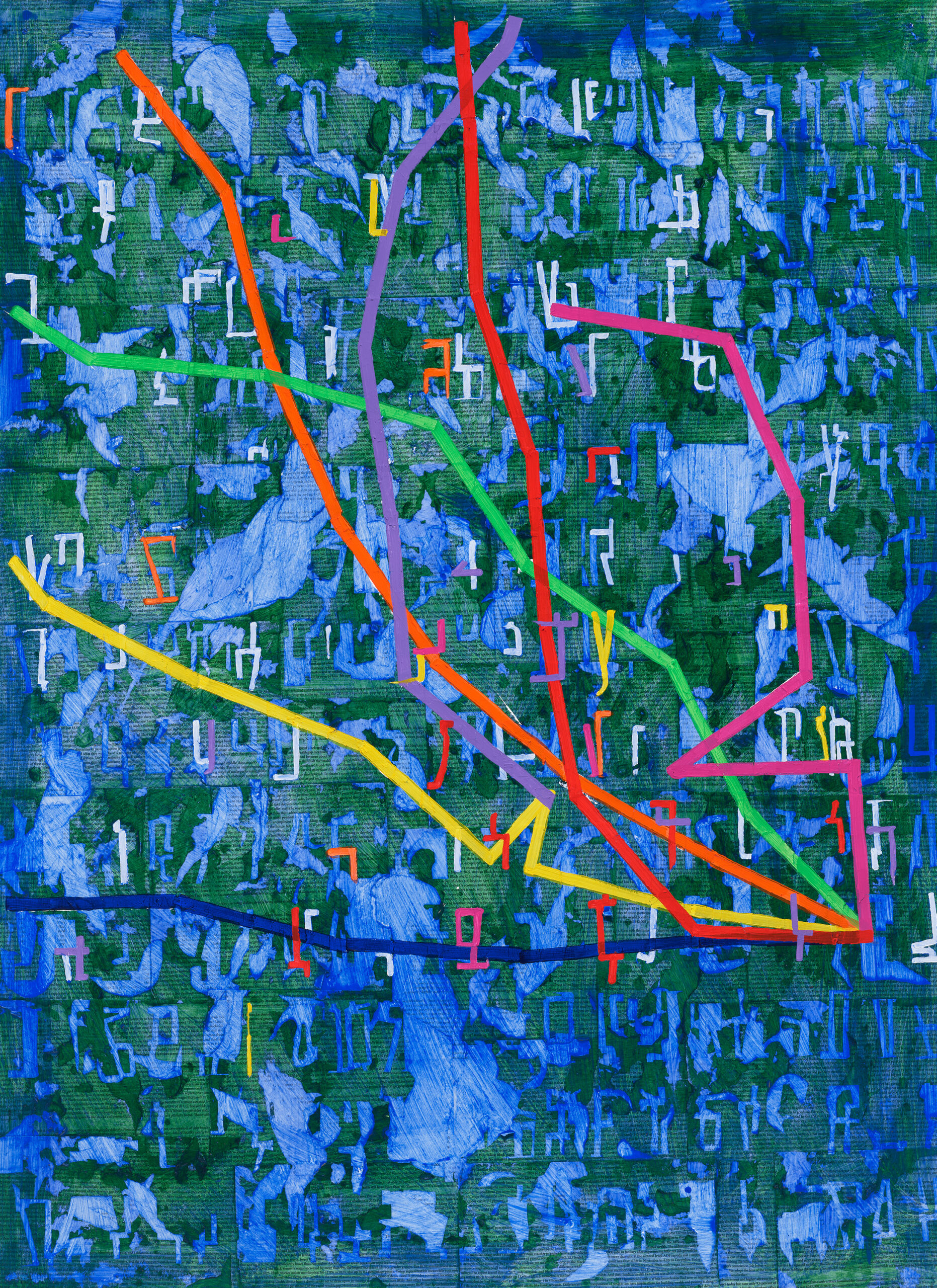 A painting and paper collage that shows seven colorful lines stretching across a blue and green background